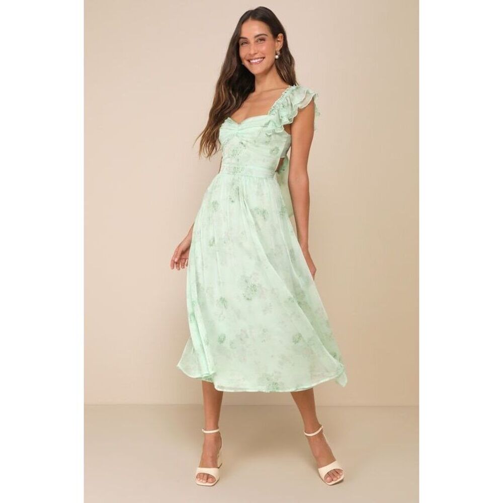 Lulus Loveliest Darling Light Green Floral Ruffled Tie-back Midi Dress - Size M